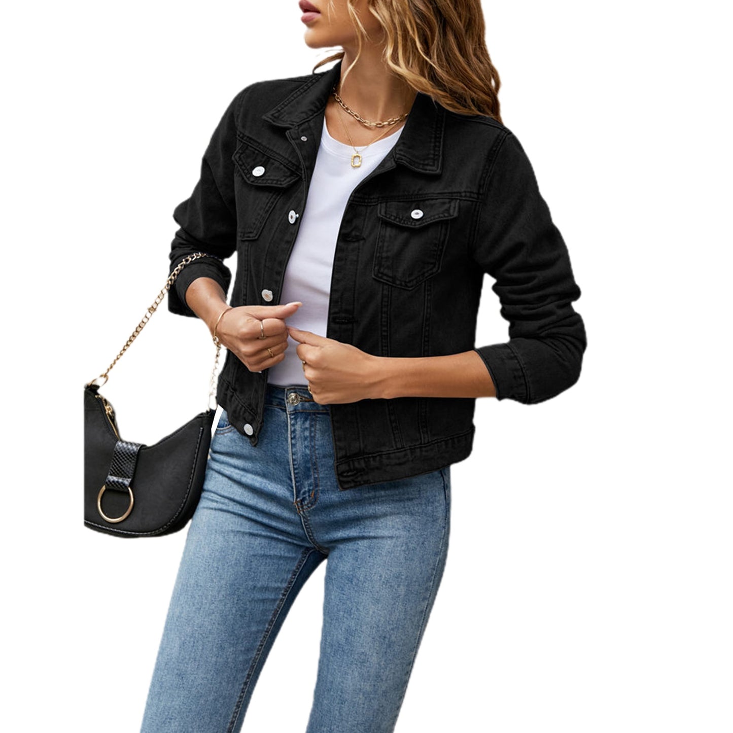 "Jeanie Jacket" Long Sleeve Solid Button Down Chest Pocket Jean Jacket