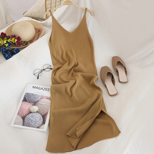 "Soft Beauty" V Neck Solid Knitted Comfort Dress