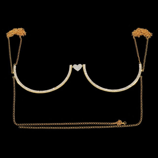 "Starlet" Chest Bling Bracket Double Pendant Heart Bras Chain Necklace Body Jewelry