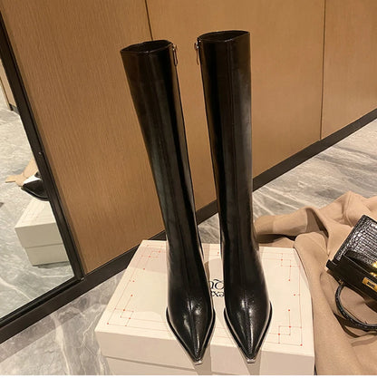 "Donna" Pointed Toe Side Zippers Long Booties