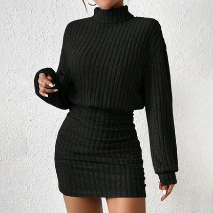 "Veda Love Dress" Knitted Pullover Long Lantern Sleeve High Neck Mini A-Line Dress