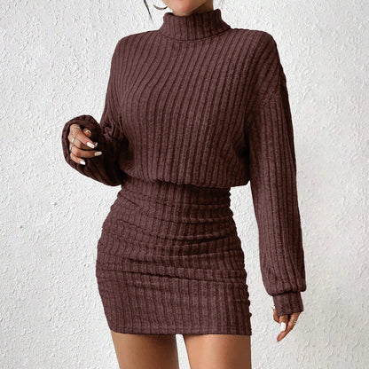 "Veda Love Dress" Knitted Pullover Long Lantern Sleeve High Neck Mini A-Line Dress