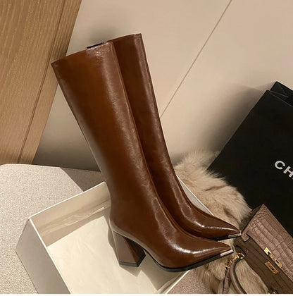 "Donna" Pointed Toe Side Zippers Long Booties
