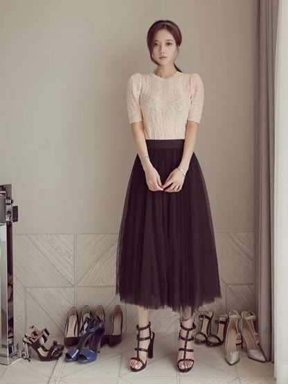 "Vintage Lady" Tulle Skirt Women Elastic High Waist  A-line Tutu Skirt