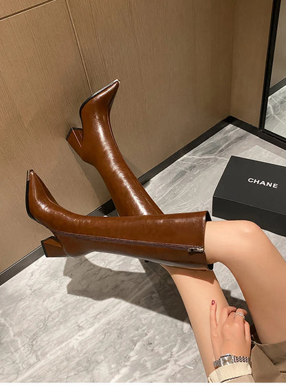 "Donna" Pointed Toe Side Zippers Long Booties