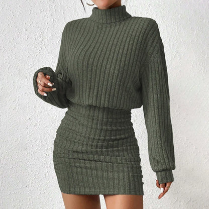 "Veda Love Dress" Knitted Pullover Long Lantern Sleeve High Neck Mini A-Line Dress