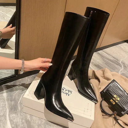 "Donna" Pointed Toe Side Zippers Long Booties