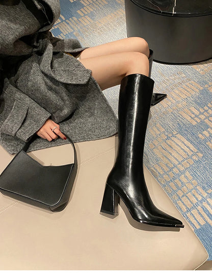 "Donna" Pointed Toe Side Zippers Long Booties